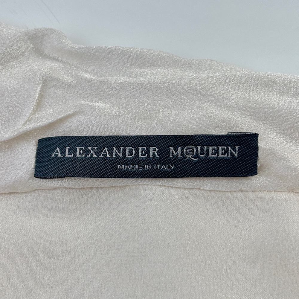 Alexander McQueen Ivory Silk Tie-Neck Button Down Blouse with Black Embroidery - Picture 9 of 15
